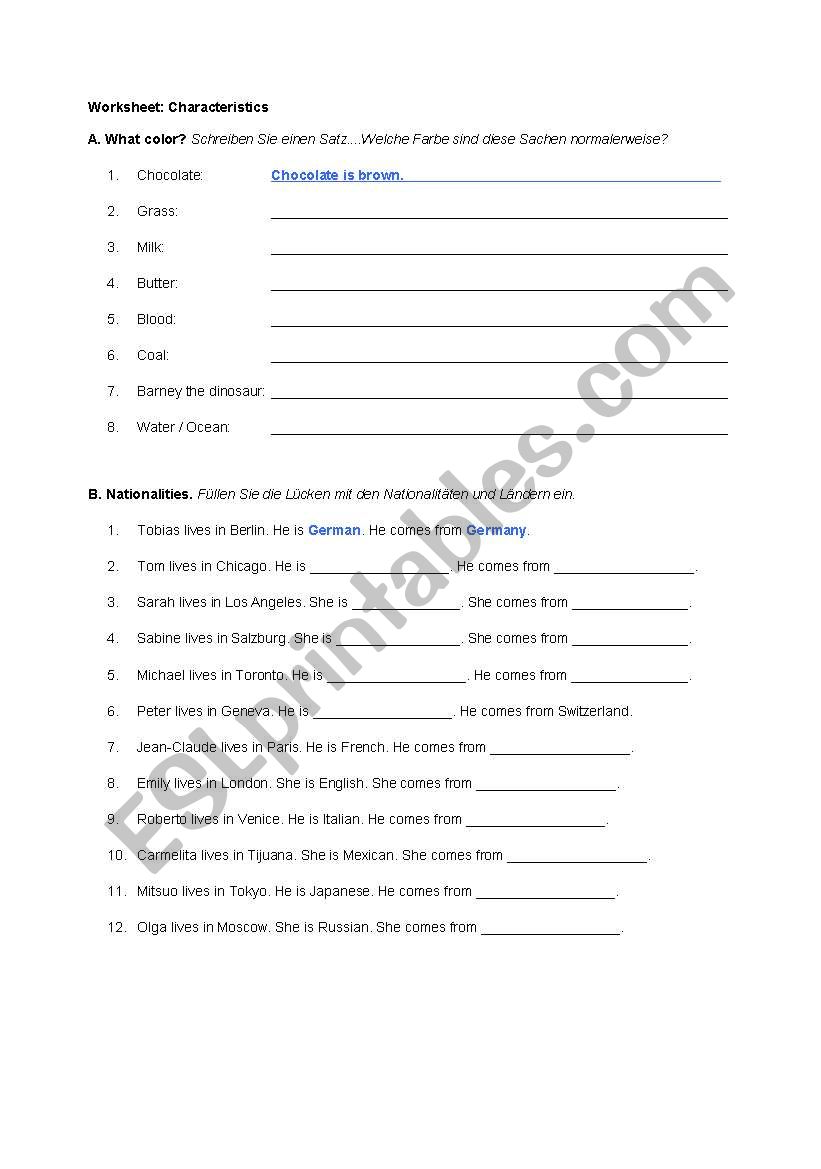 Characteristics, Adjectives worksheet