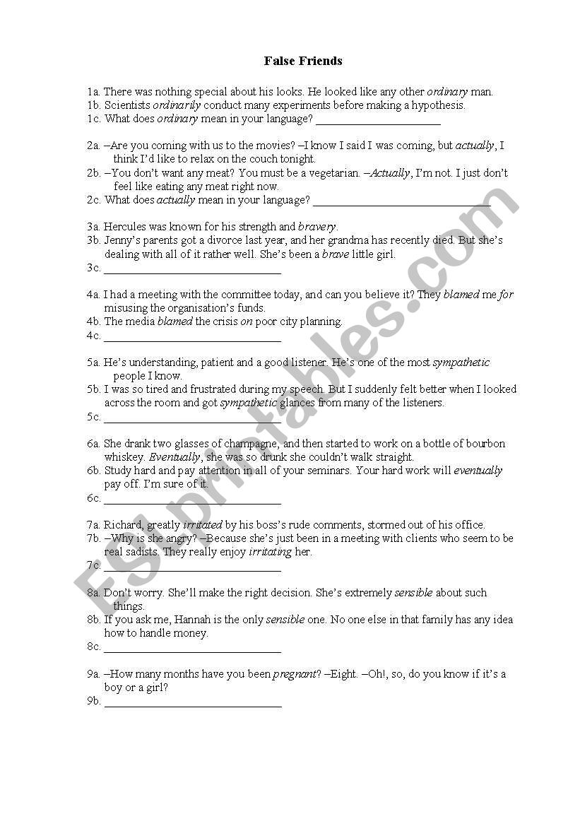 False Friends exercise worksheet