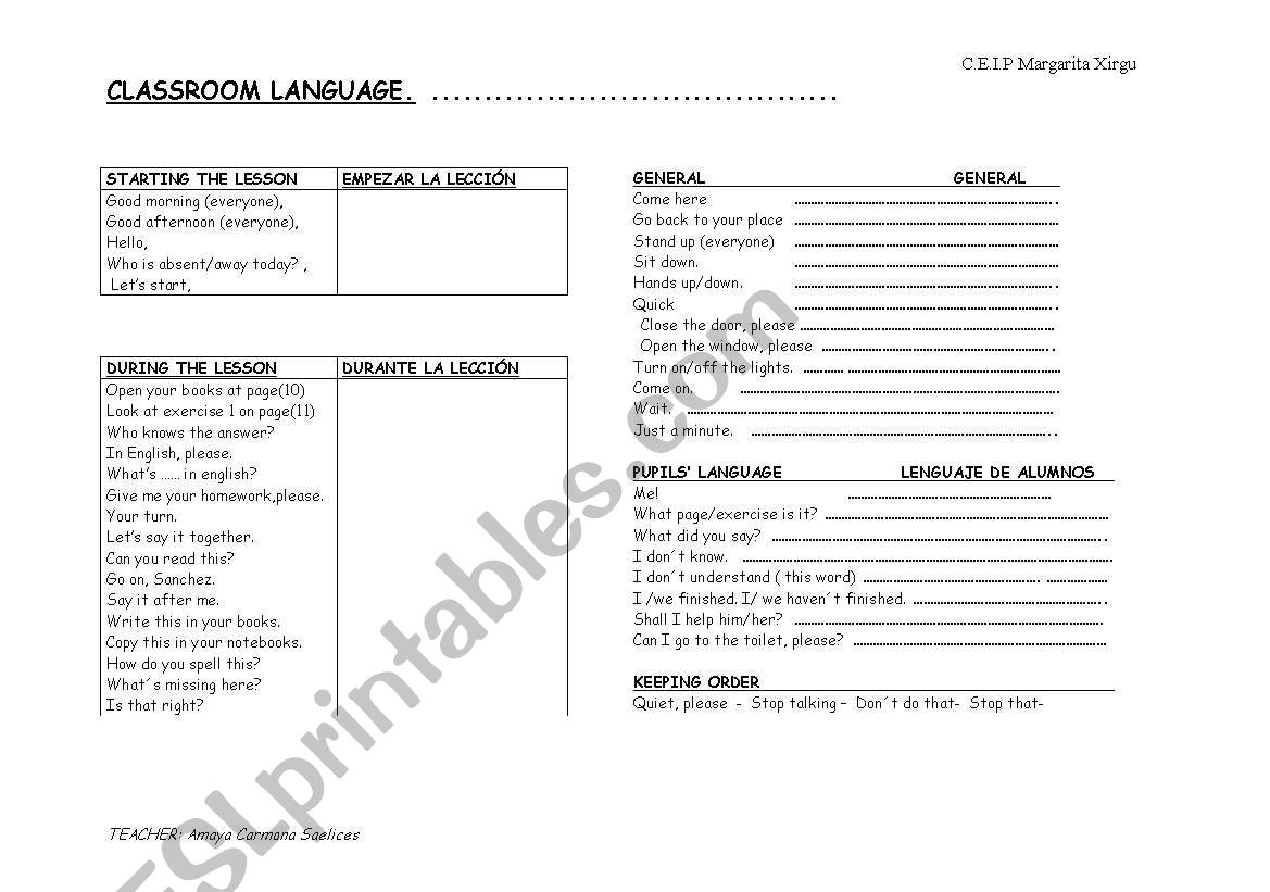 english language for class worksheet