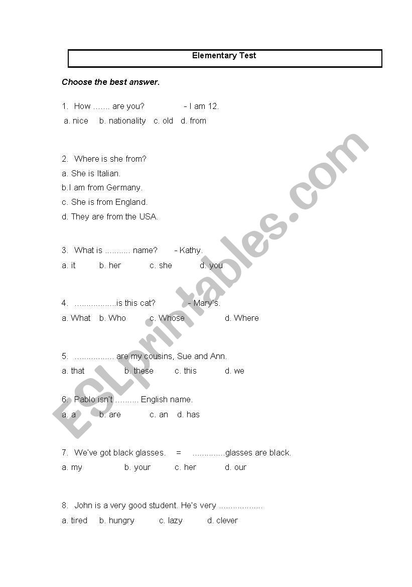 Elementary Test 1 for children