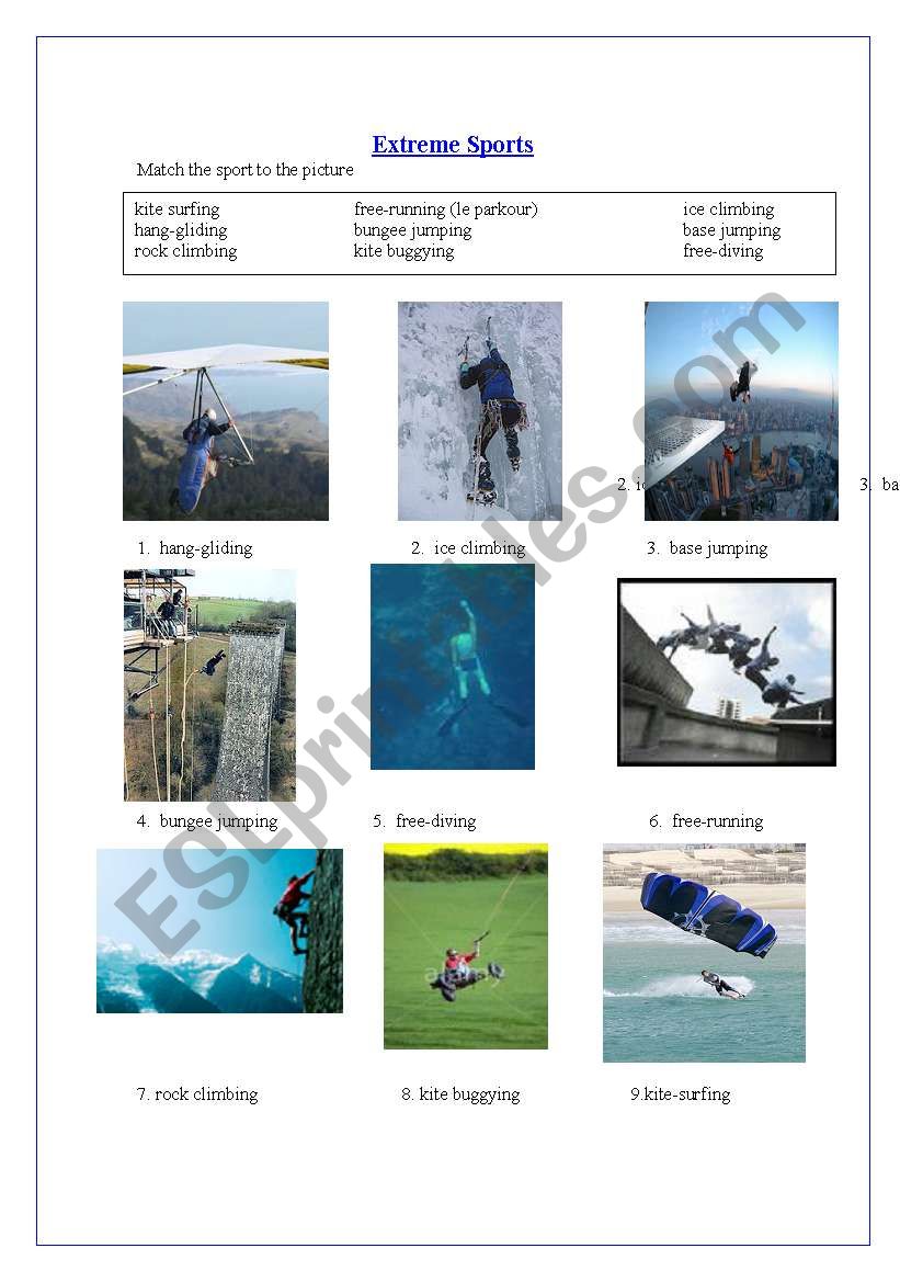 Extreme sports - matching activity answers