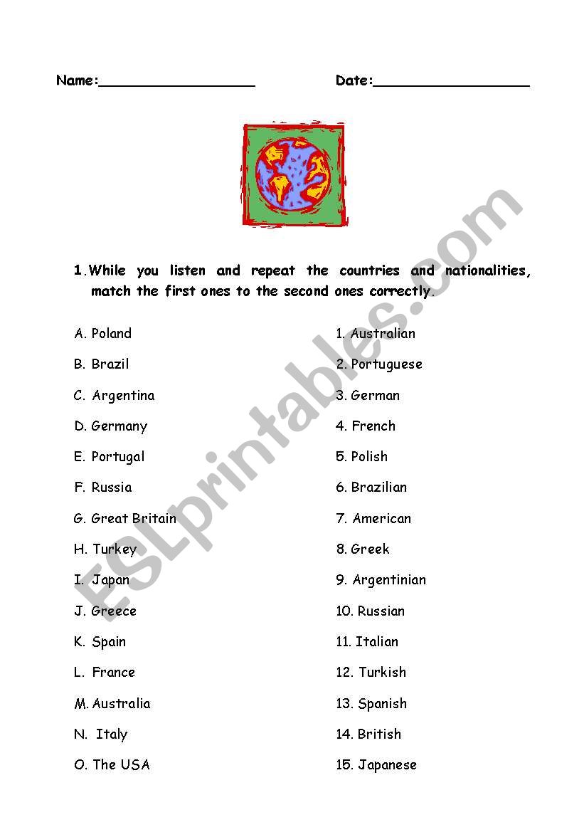 countries and nationalities worksheet