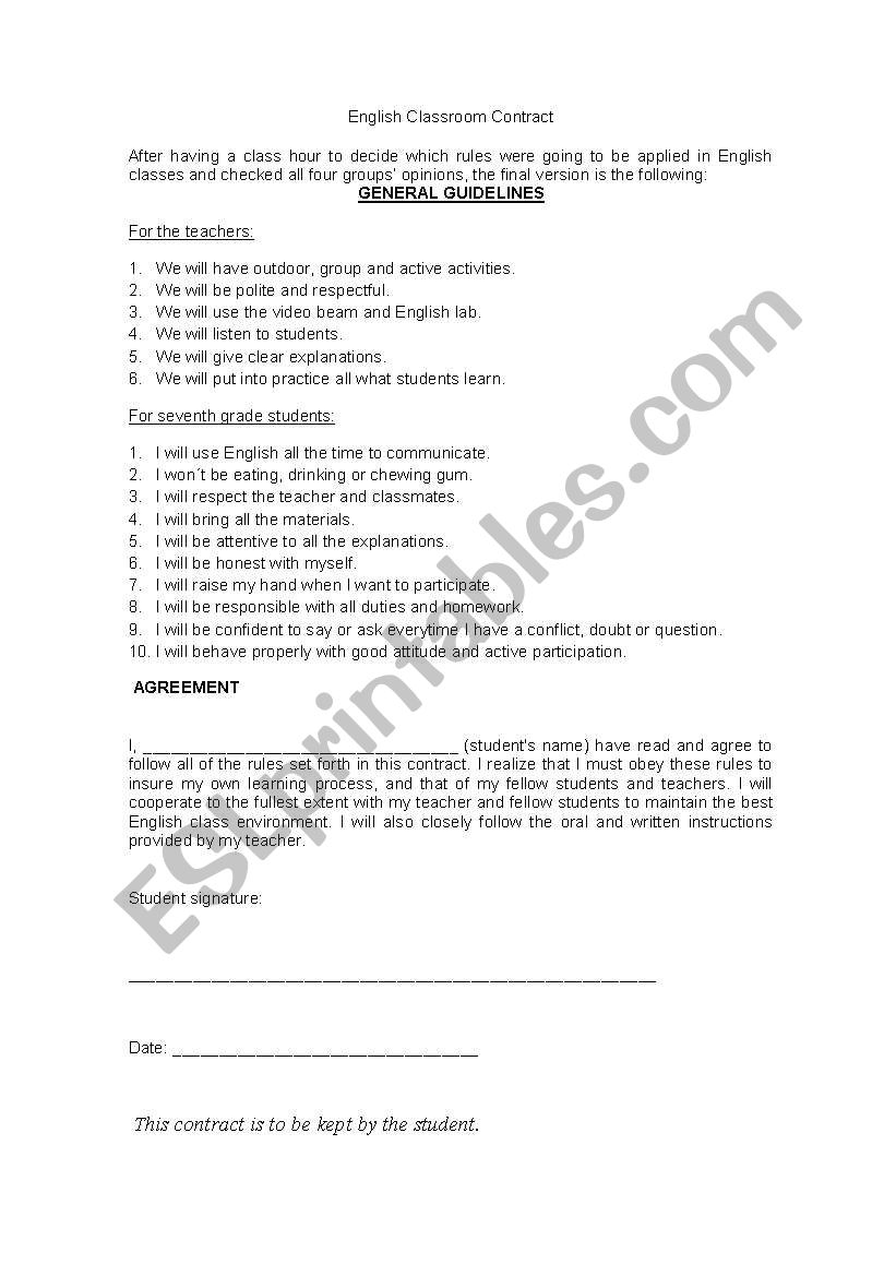 Classroom contract worksheet