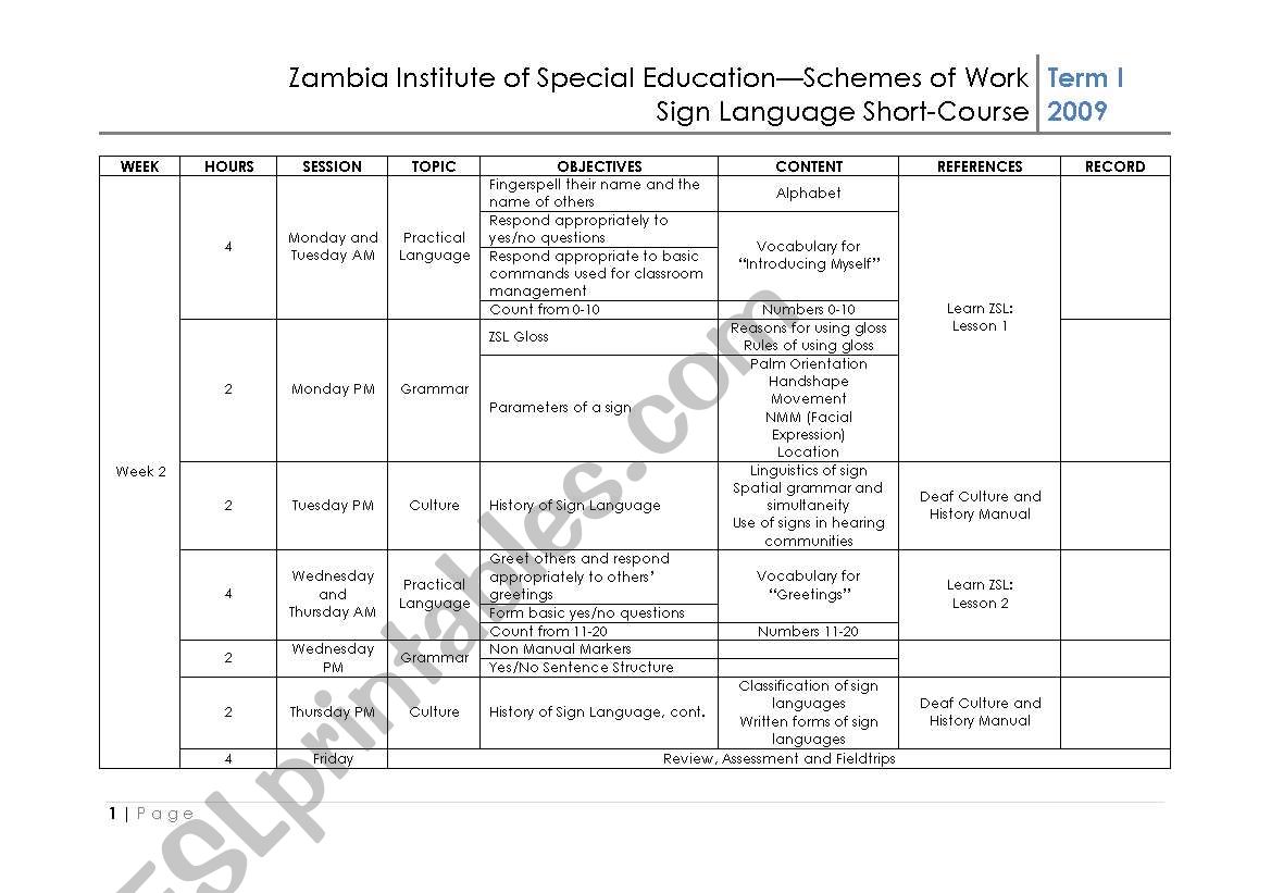 English Worksheets Sign Language Curriculum