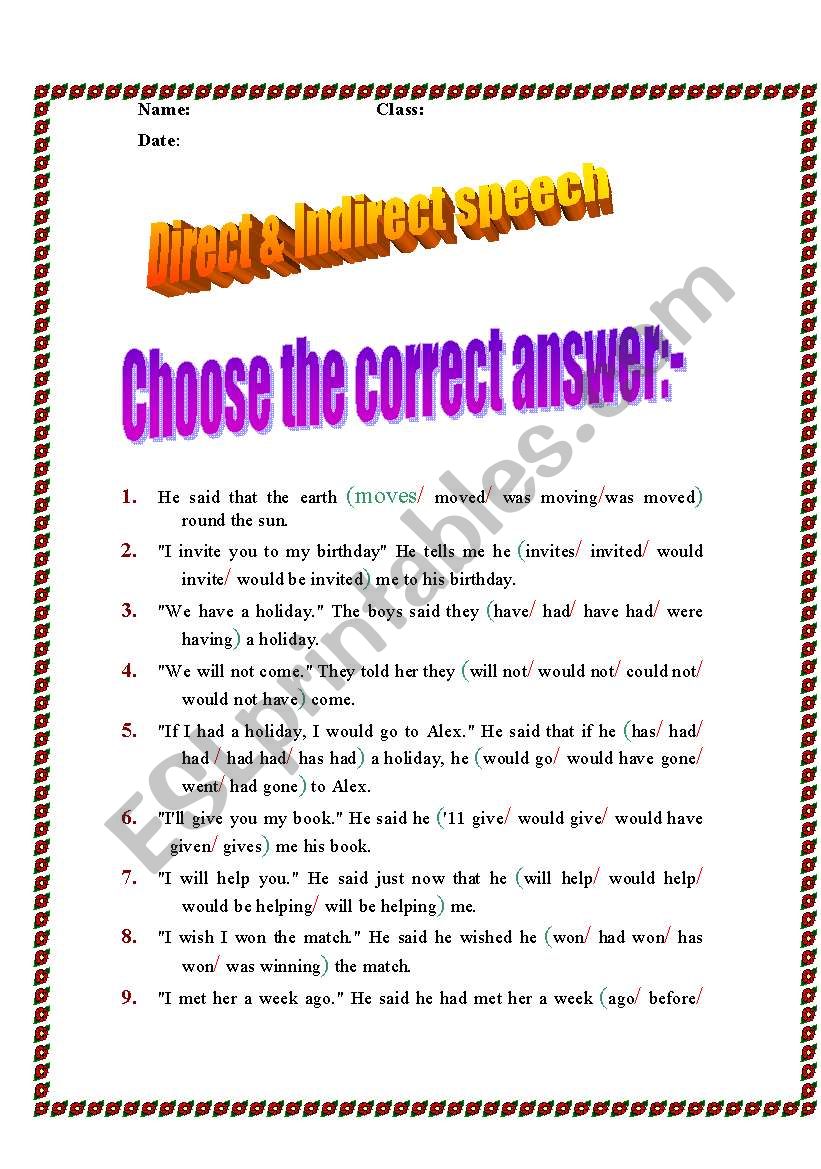 direct and indirect speech worksheets with answers class 7