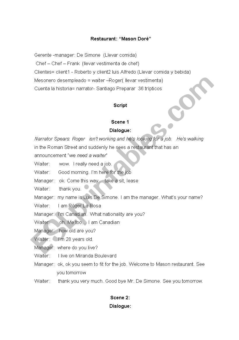 the restaurant worksheet