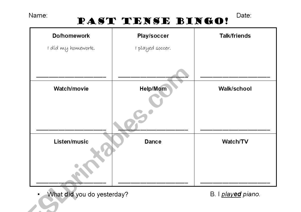 Past Tense Interview Bingo worksheet