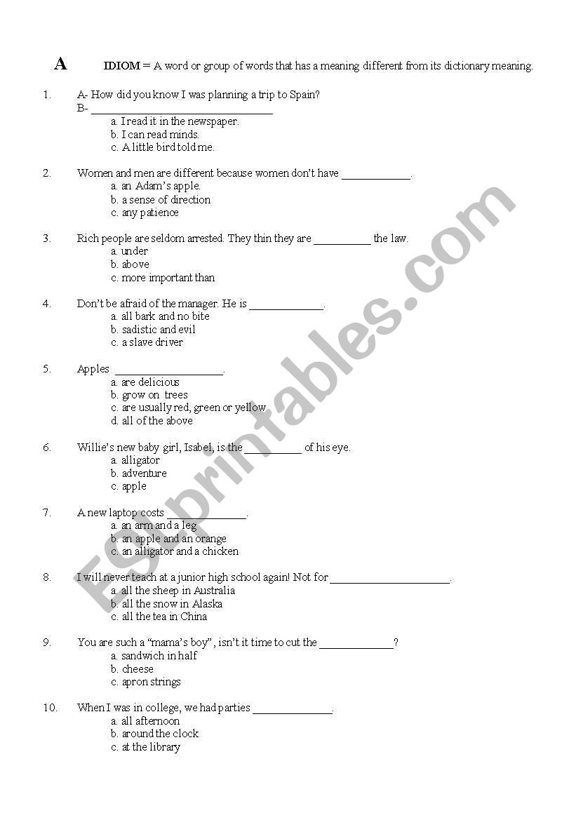 idioms A worksheet