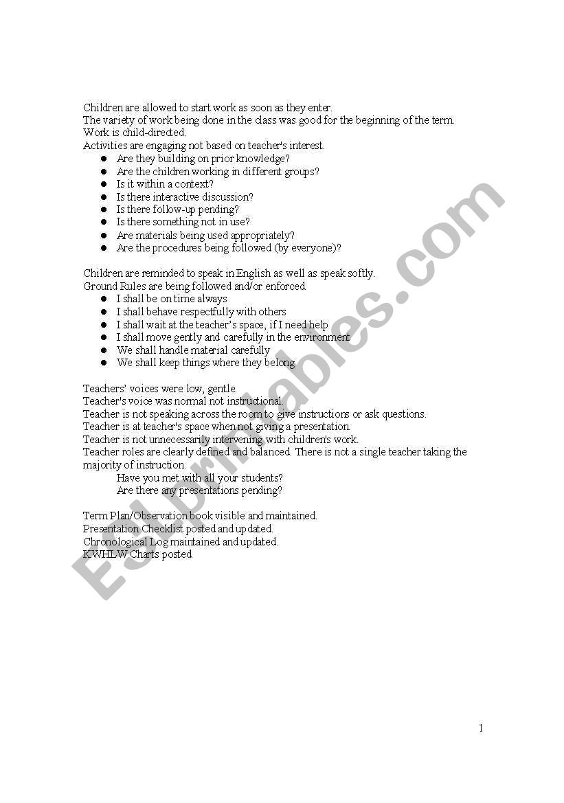 Teacher Observation Checklist worksheet