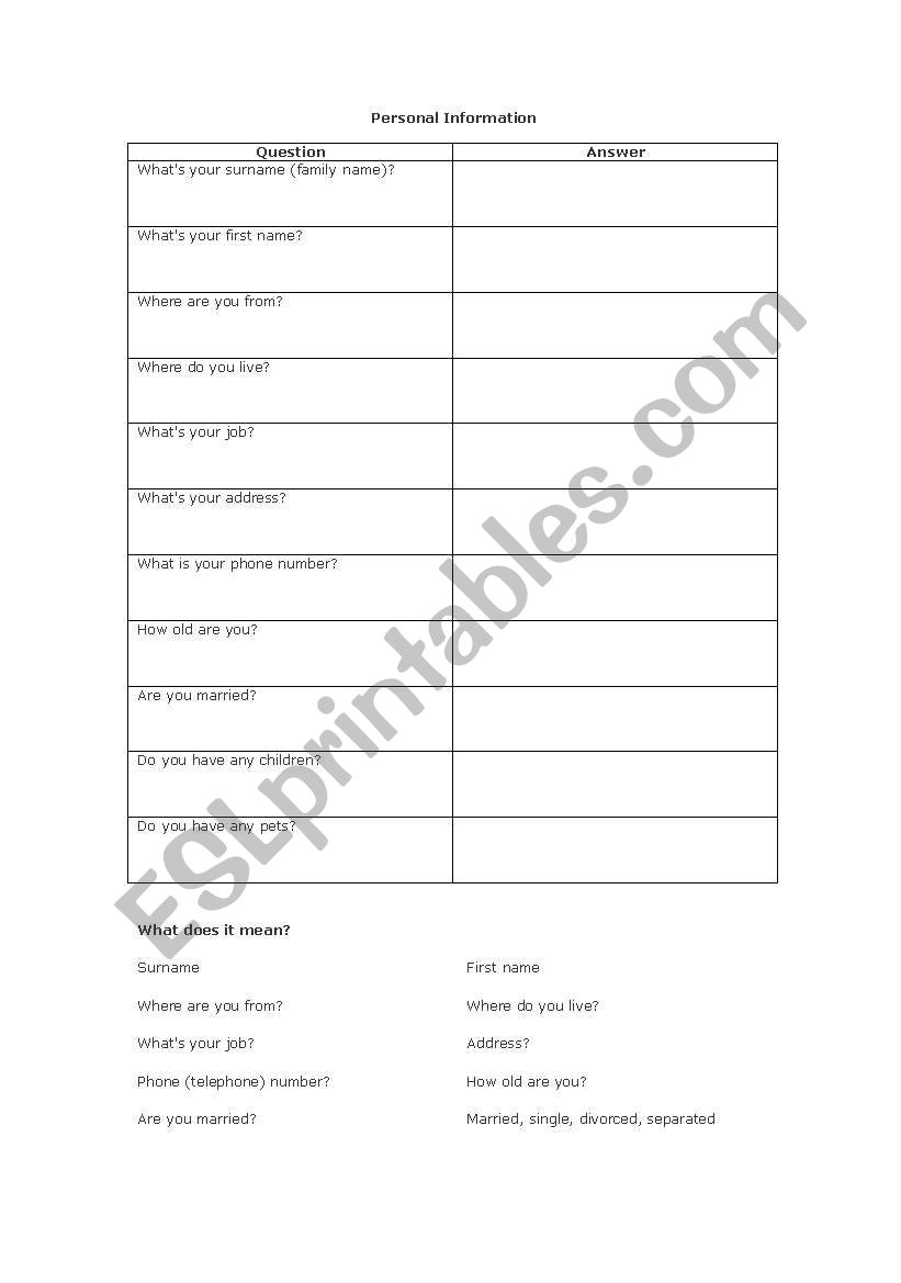 Personal information sheet - ice breaker or revision exercise