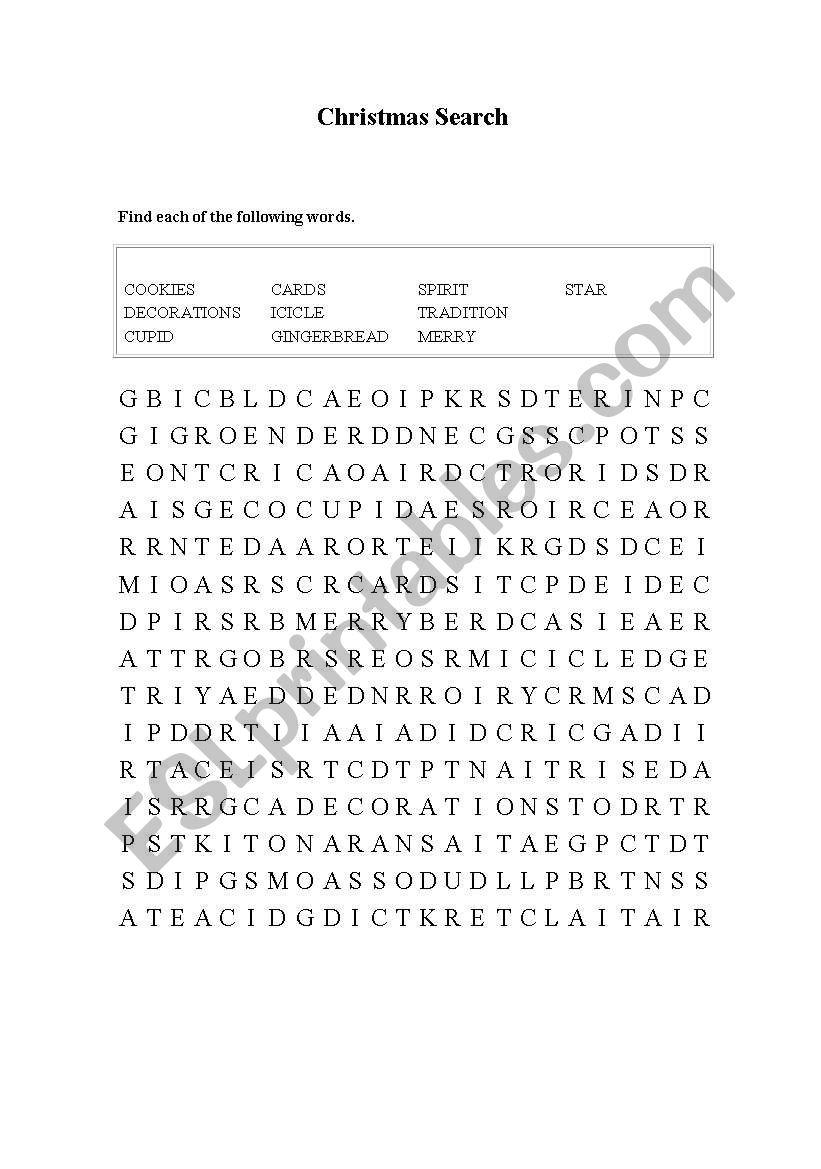 Christmas wordsearch worksheet