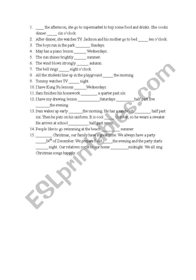 preposition of time worksheet