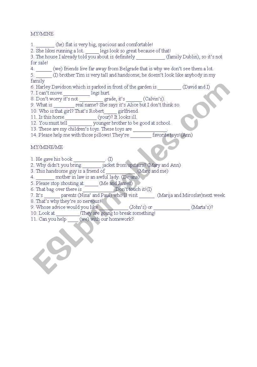 MY/MINE/ME possessive adjectives and pronouns, object pronouns