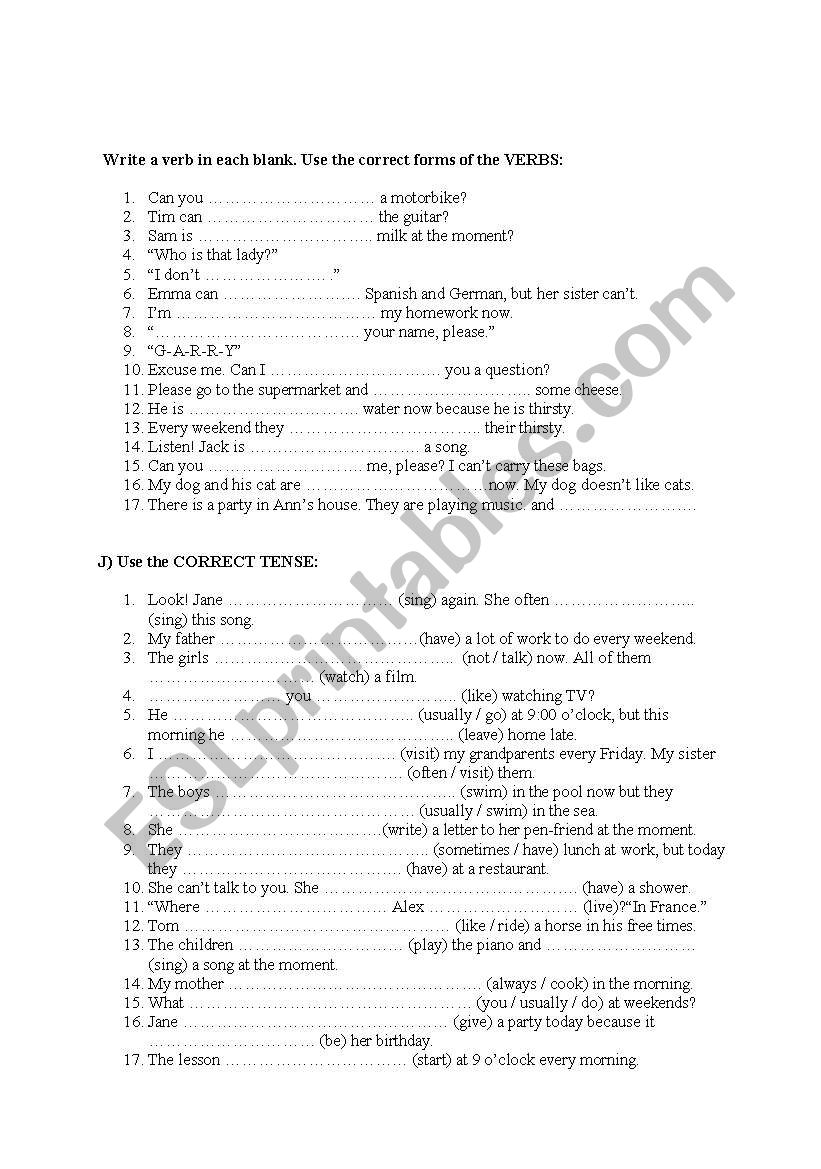 correct tenses and verbs worksheet