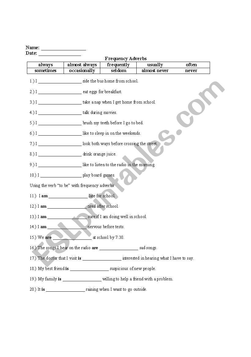 English worksheets: Using Frequency Adverbs