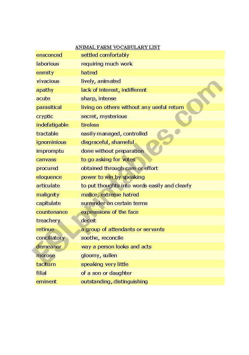 Vocabulary list for Animal Farm