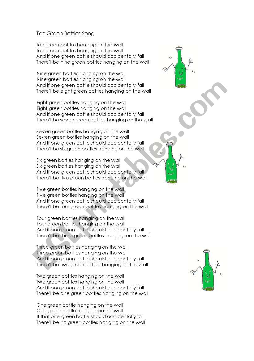 English worksheets: Ten Green Bottles