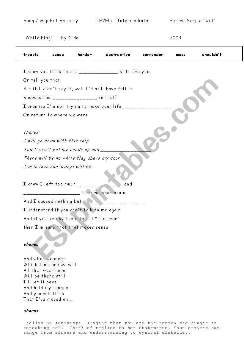 White Flag by Dido worksheet