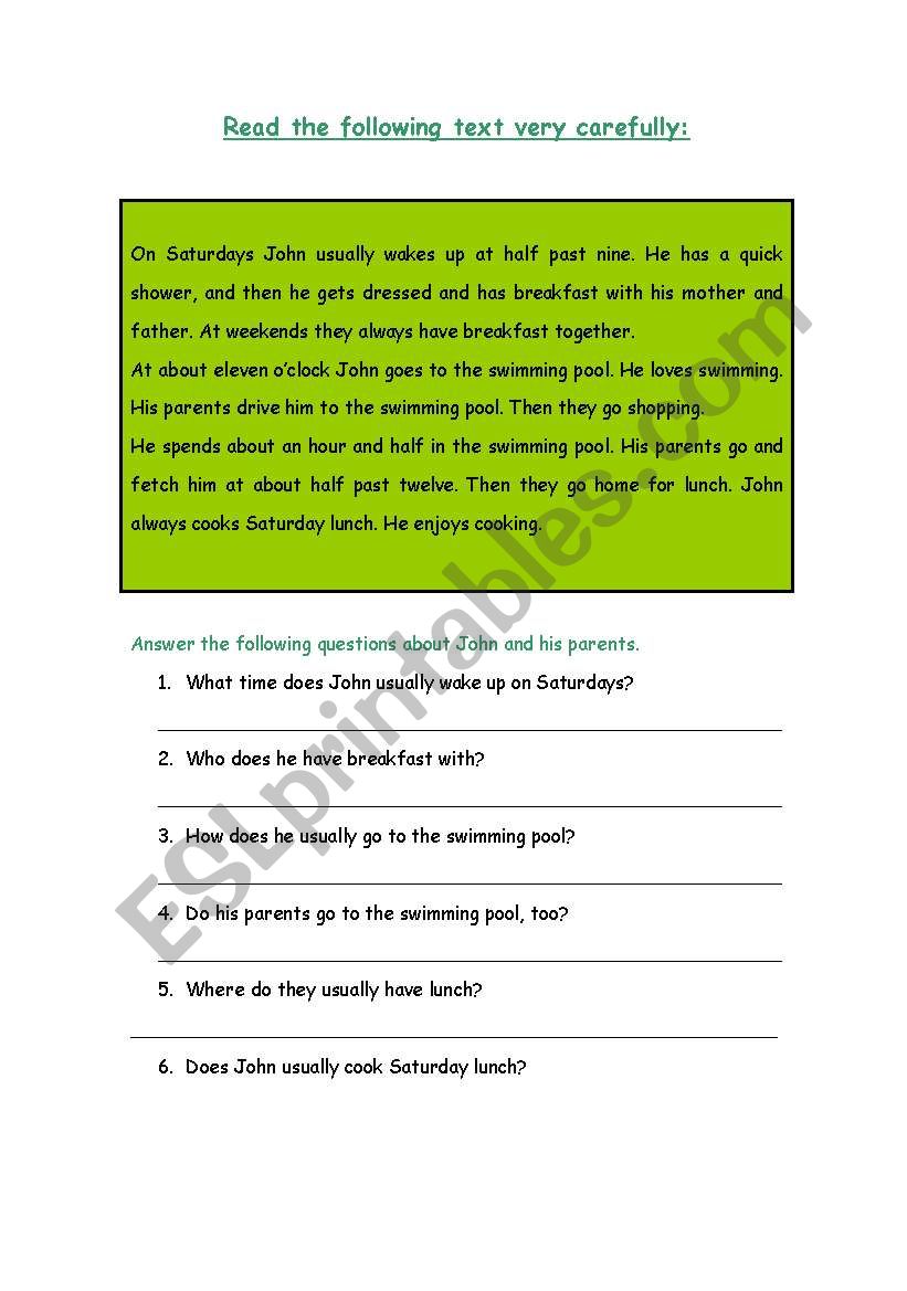 Reading worksheet