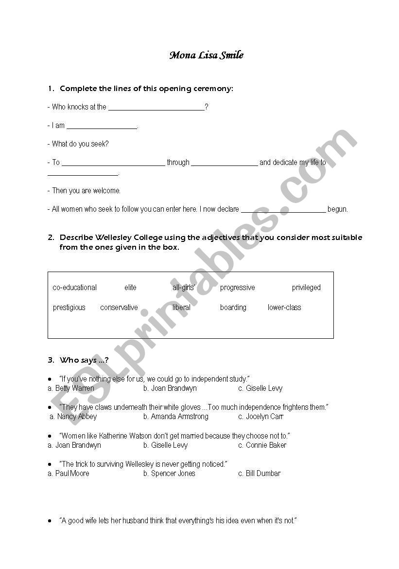 Mona Lisa Smile worksheet