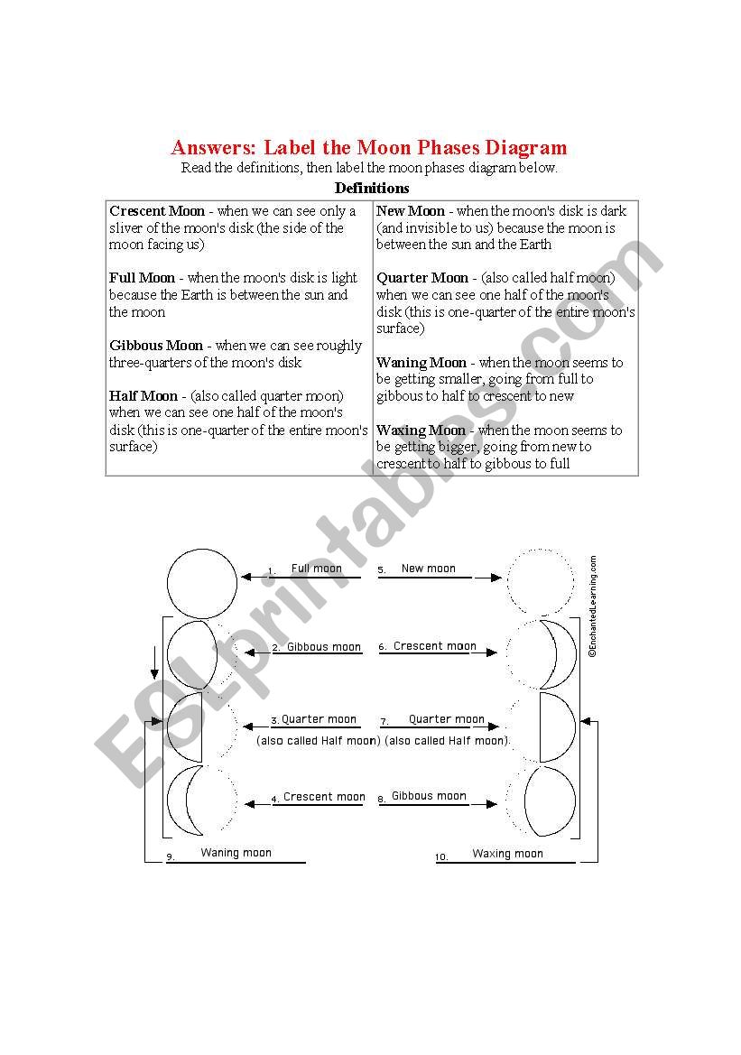 English Worksheets Moon Phases Diagram