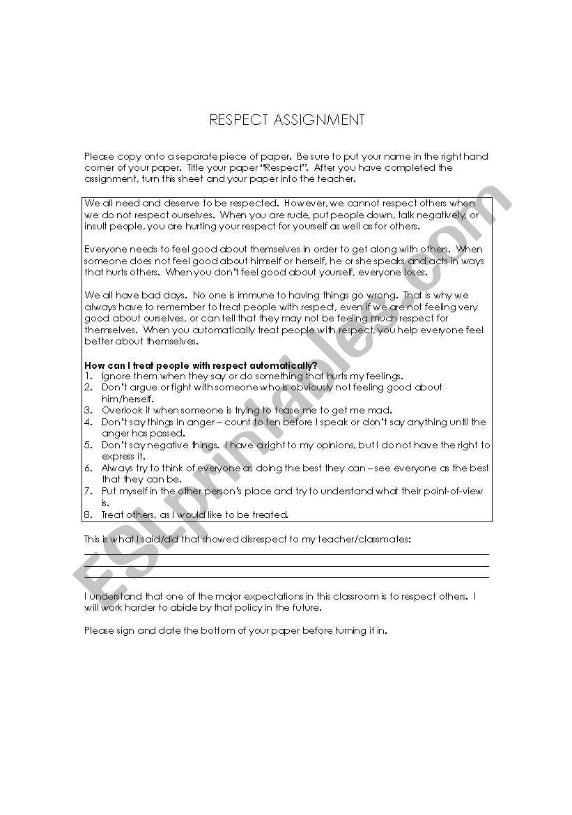 Respect Assignment worksheet