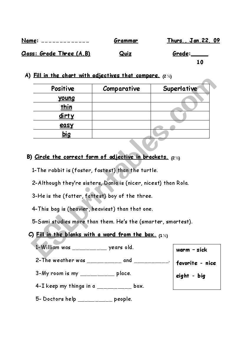 adjectives quiz worksheet