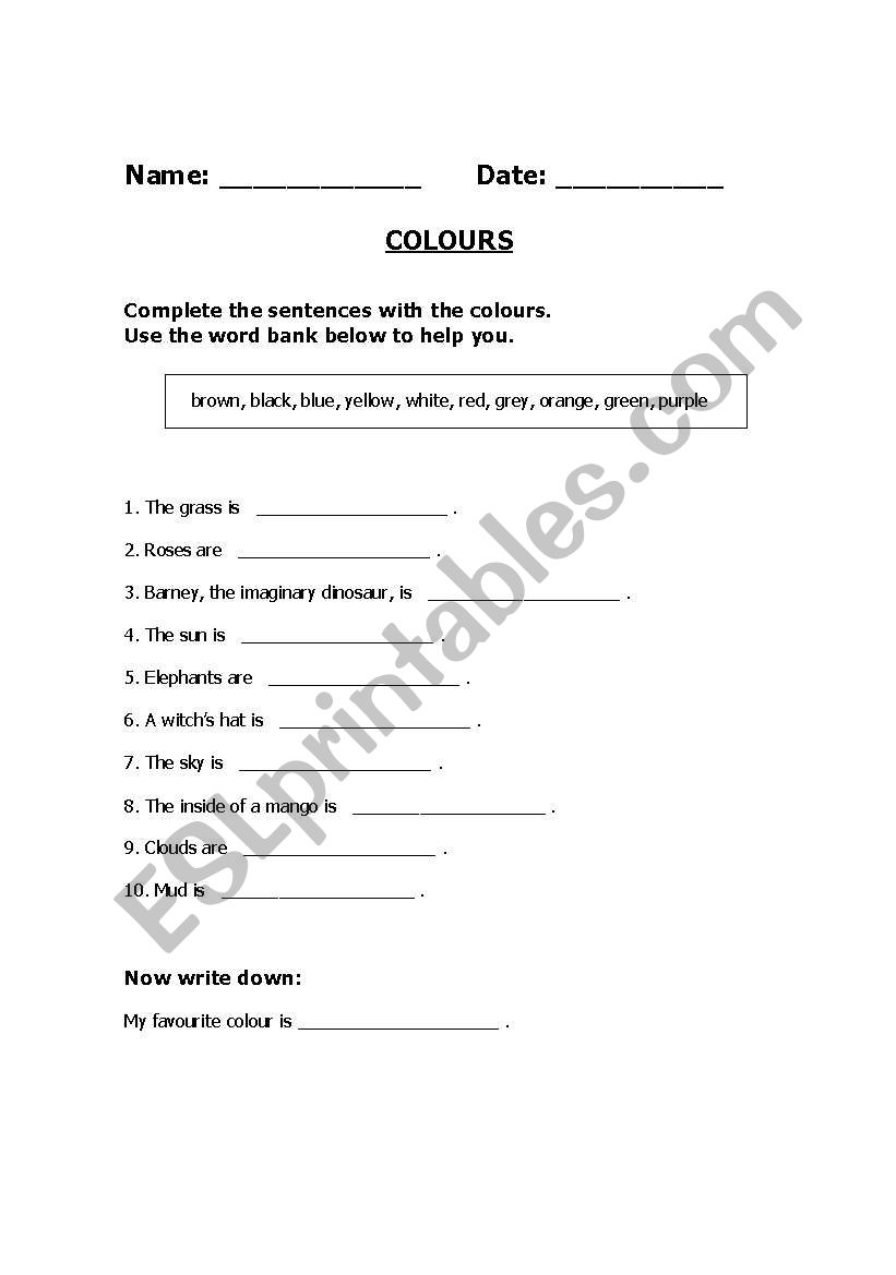 COLOURS worksheet