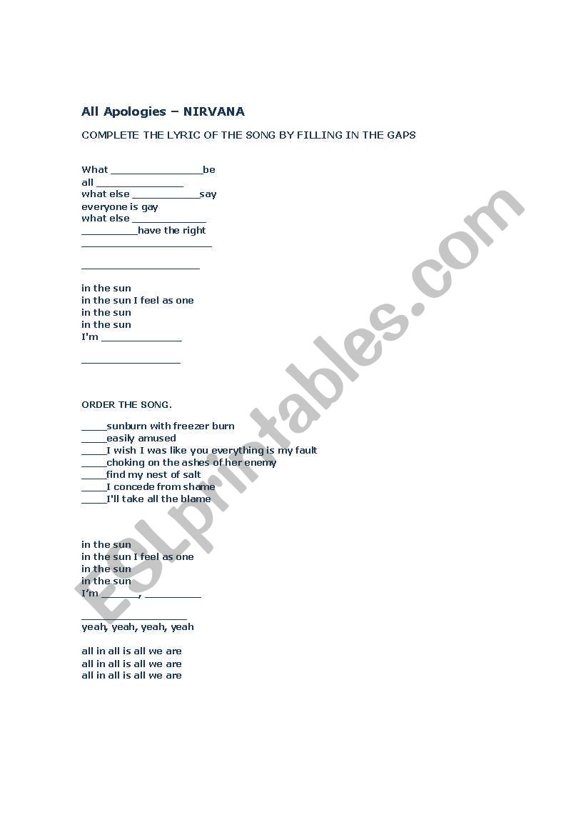 ALL APOLOGIES BY NIRVANA worksheet