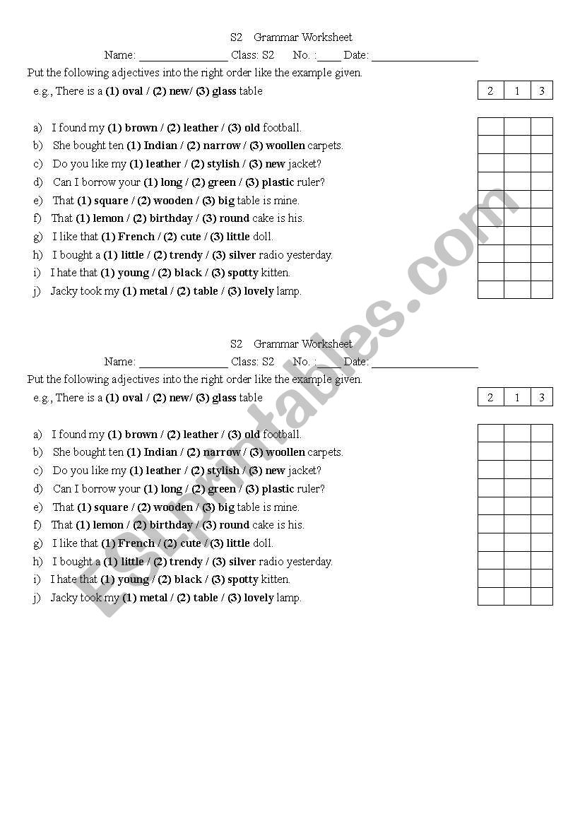 Order of Adjectives worksheet