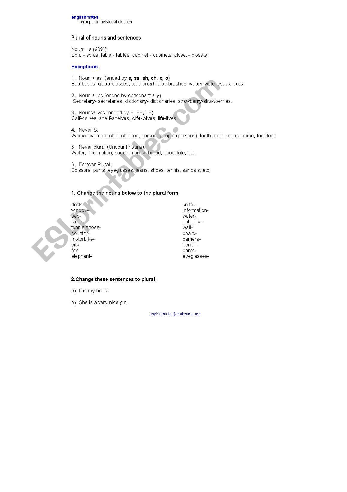 Plural of nouns and sentences worksheet