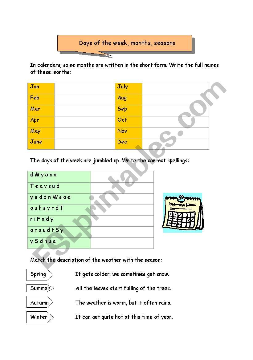 Days, months and seasons worksheet