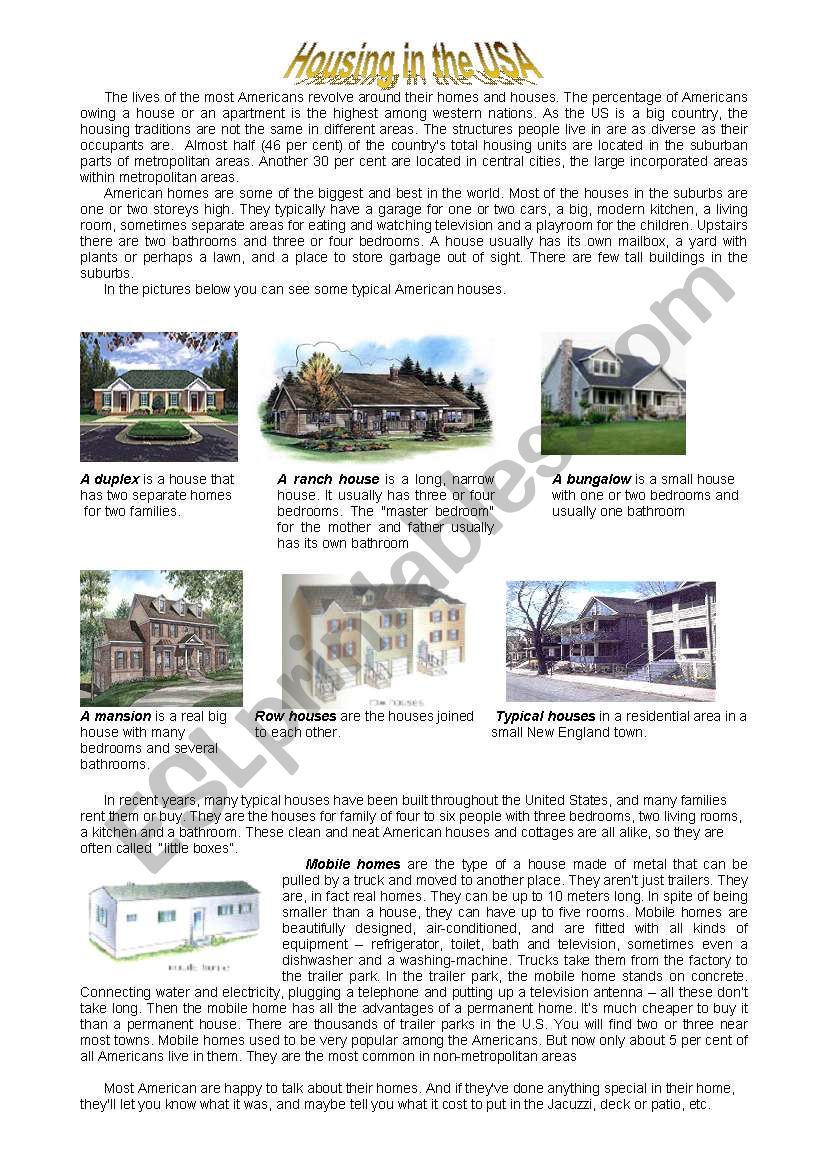 Housing in the uSA - ESL worksheet by joygrant