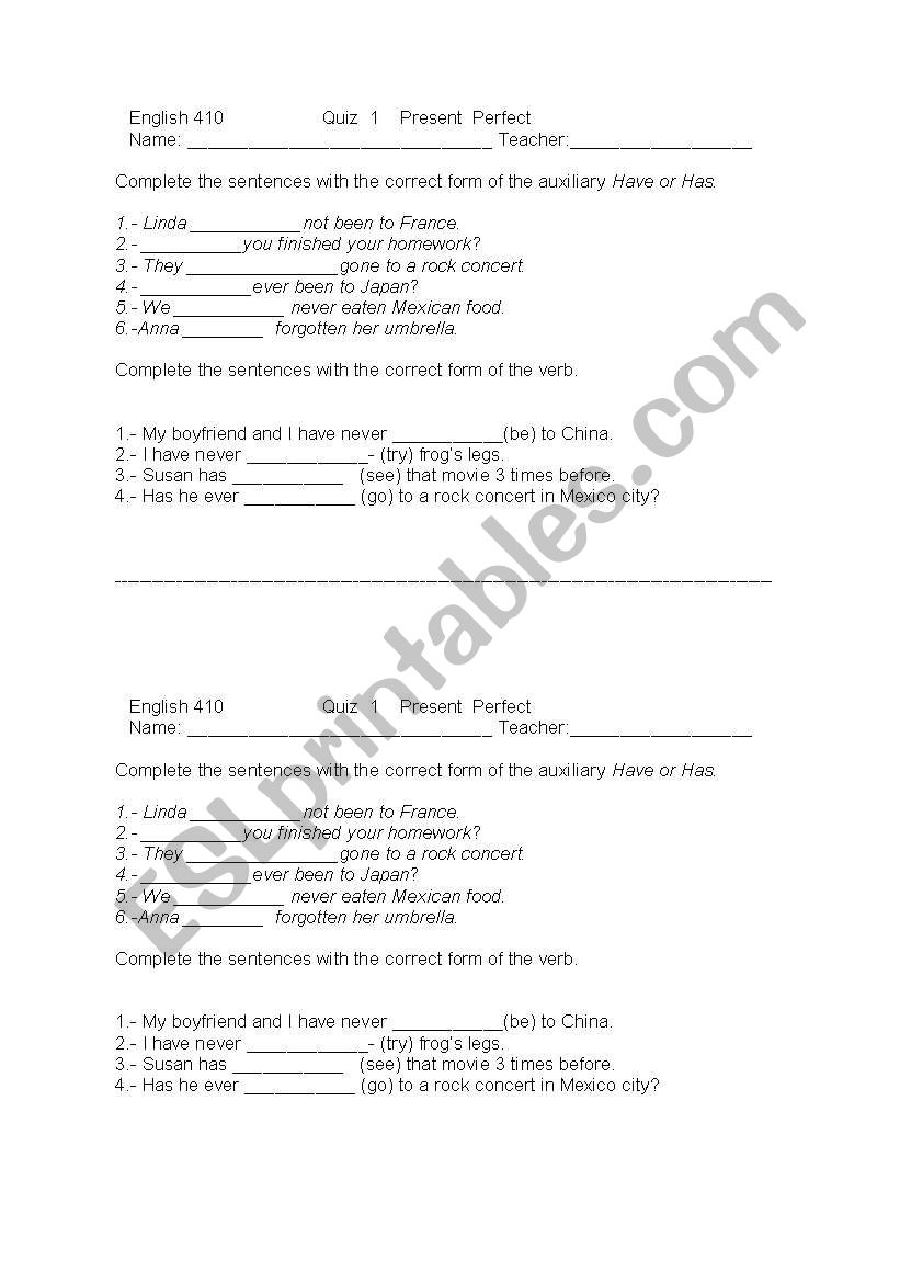 Present perfect simple - Quiz worksheet