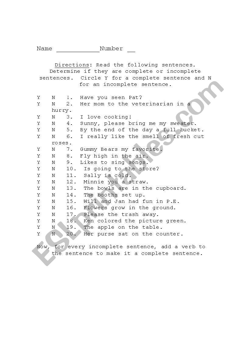 Complete or Incomplete? worksheet