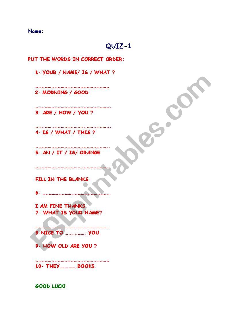 First Quiz For Beginners worksheet