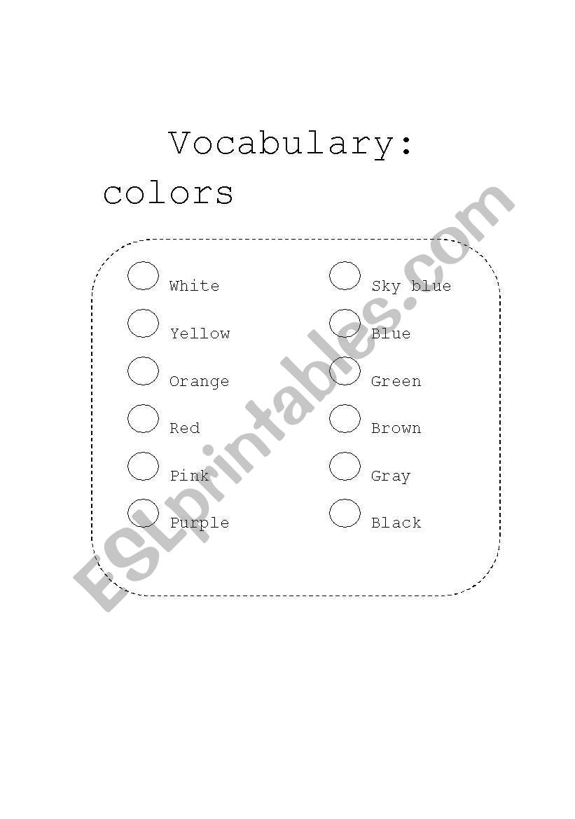 colors vacabulary worksheet