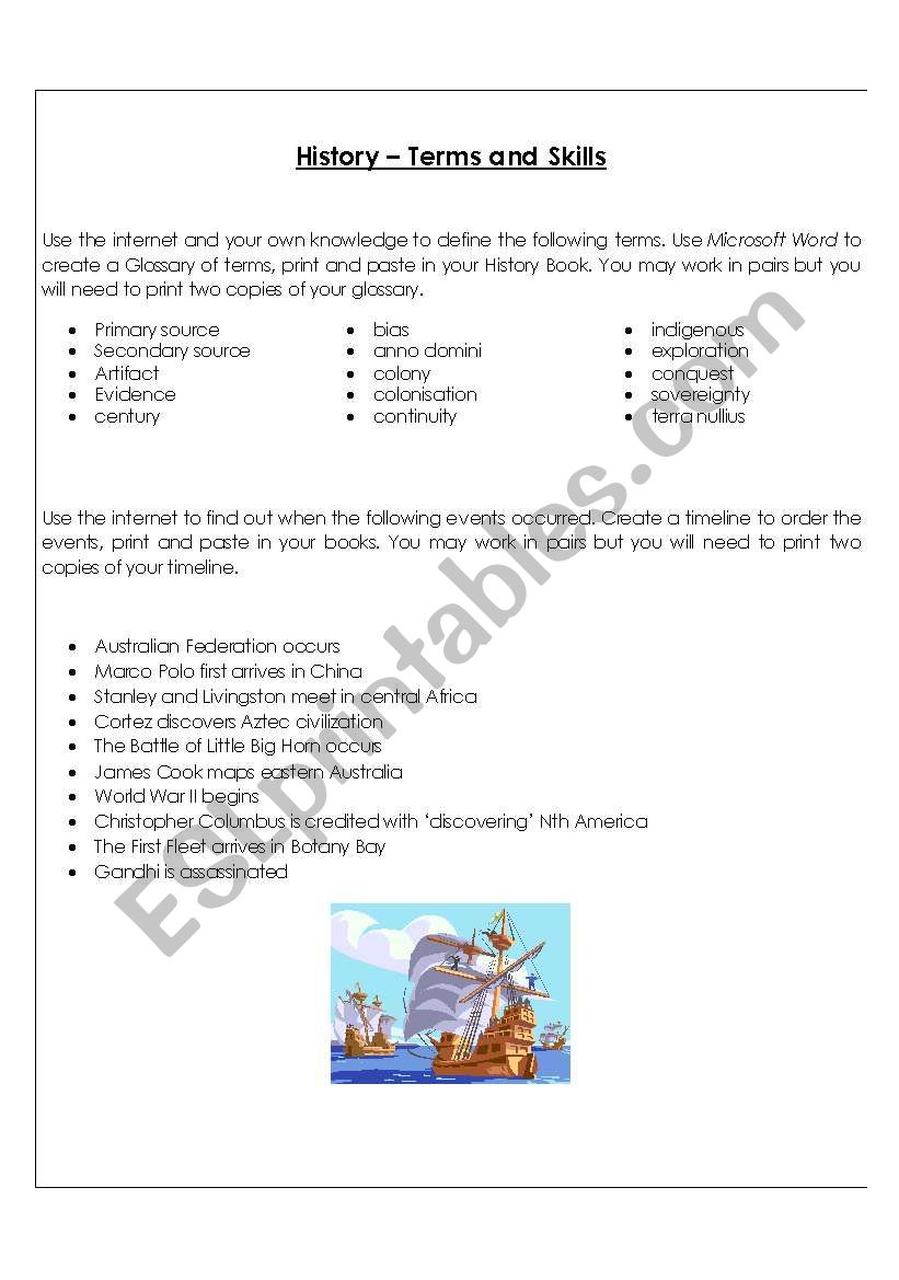 History terms and Skills worksheet