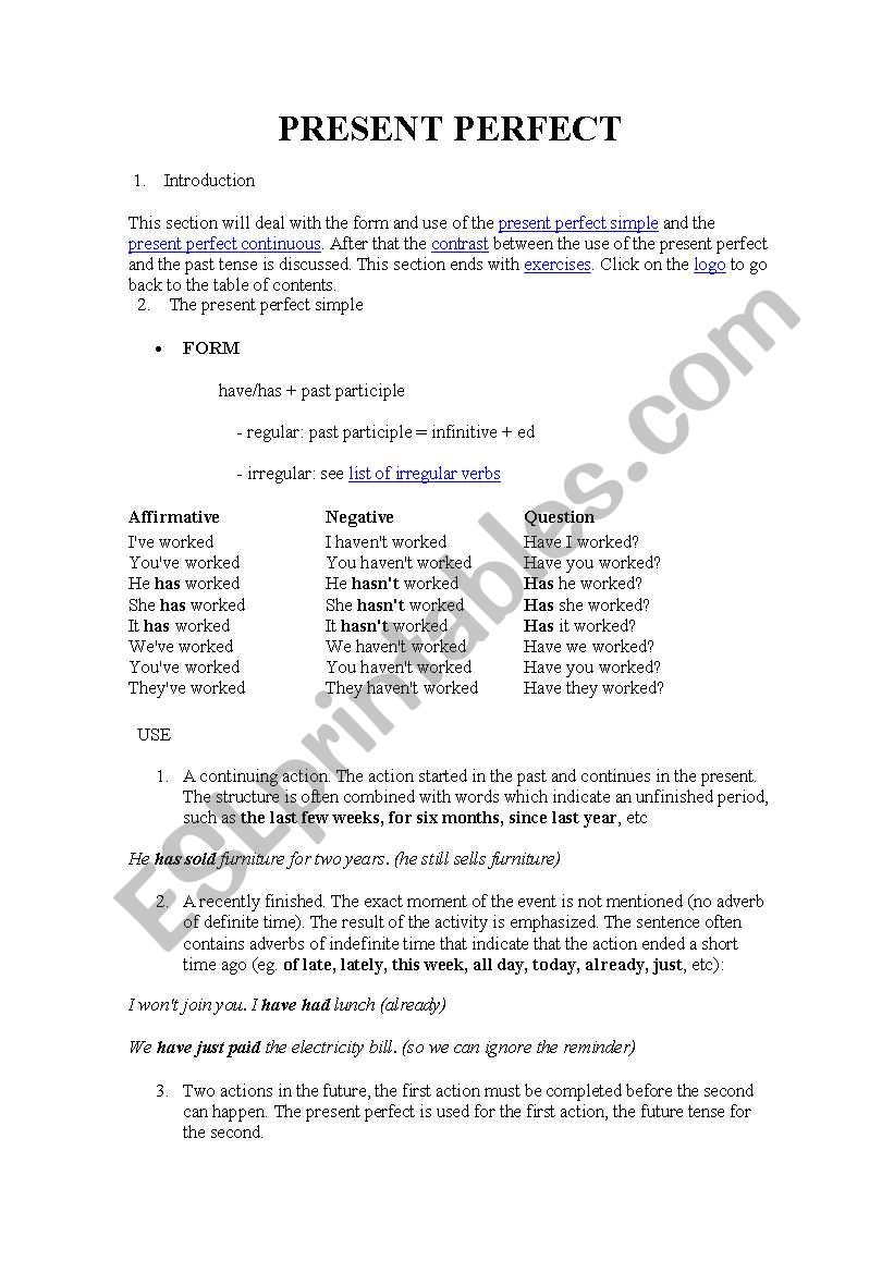 Present perfect worksheet