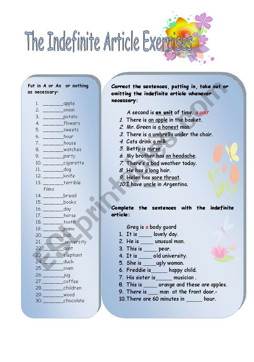 Indefinite Article Exercises ESL Worksheet By Vairor2