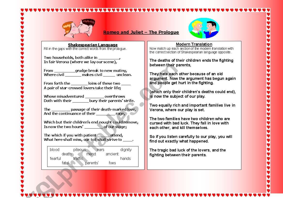 Romeo and juliet prologue worksheet