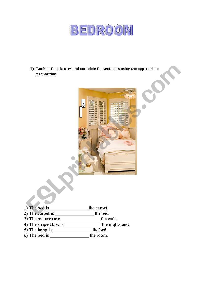 bedroom - prepositions worksheet