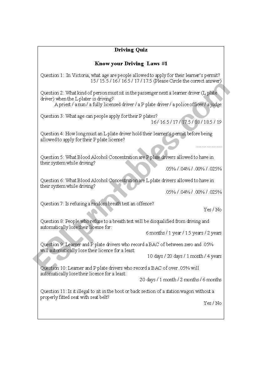 ROAD  worksheet