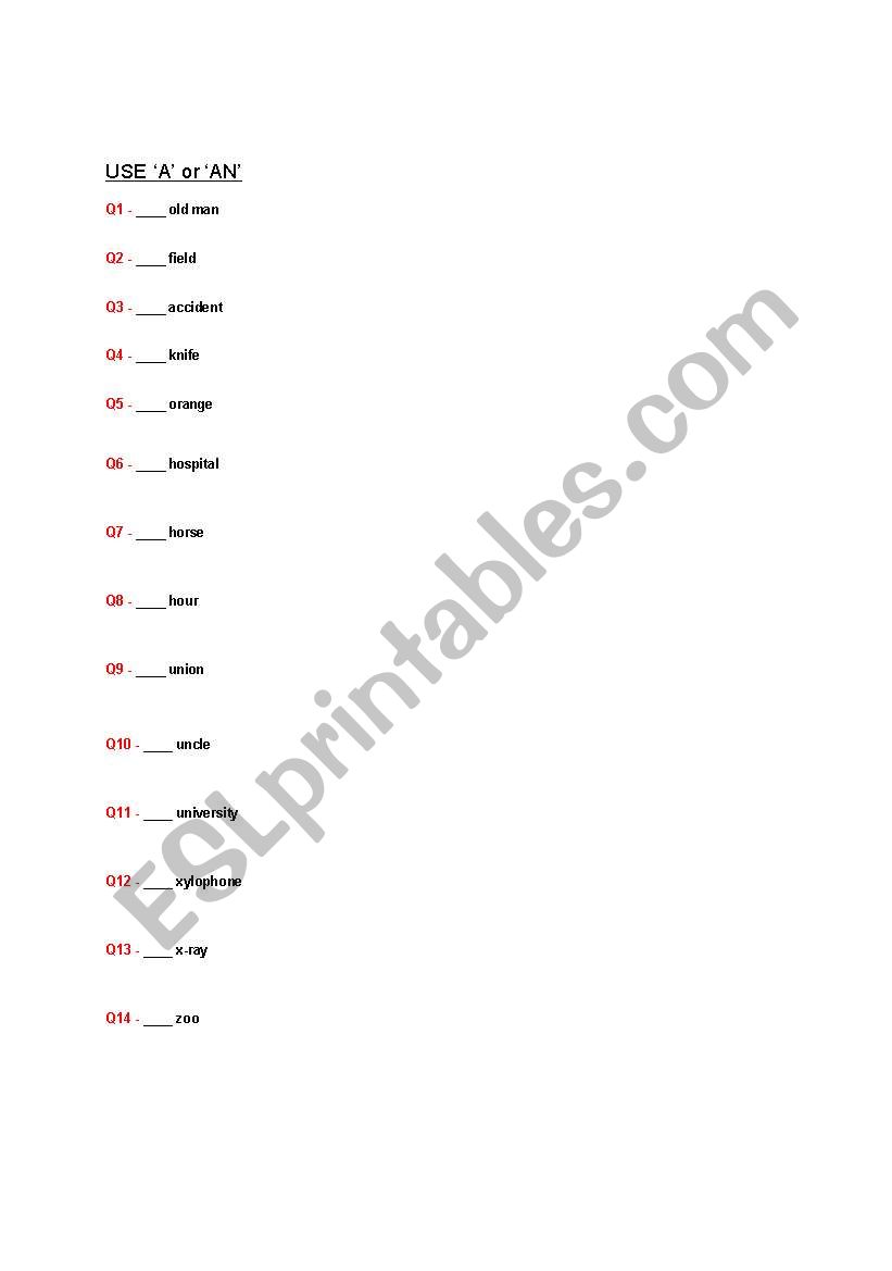 Use of a/an worksheet