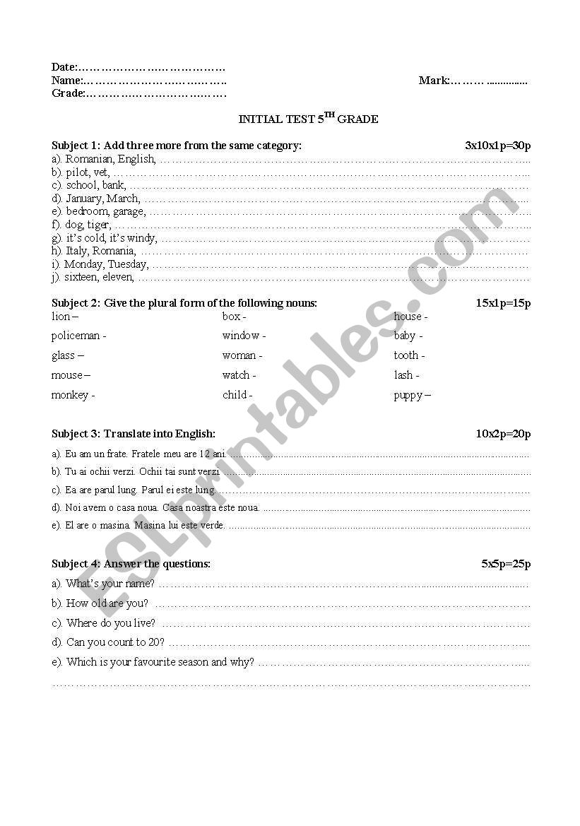 5th grade initial test worksheet