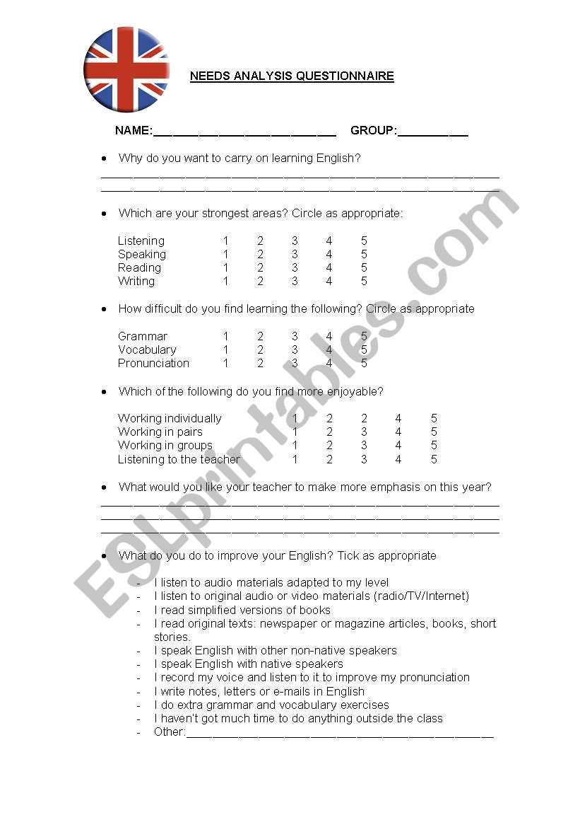 Needs analysis questionnaire worksheet