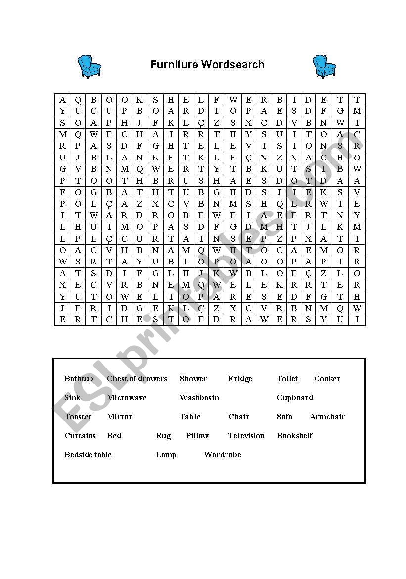 English Worksheets Furniture Wordsearch