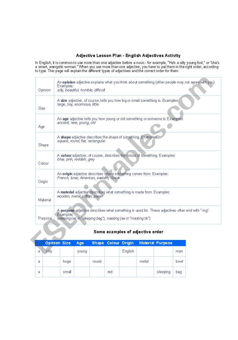 Adjective orders worksheet