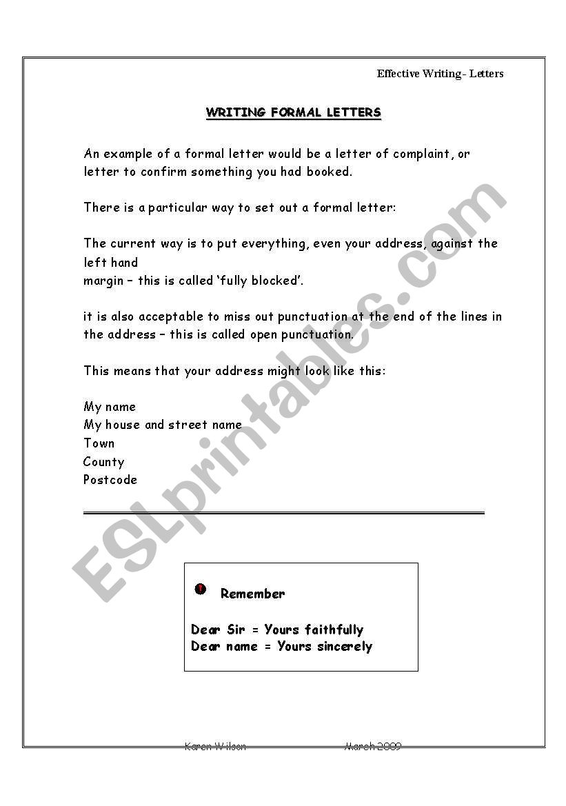 Writing formal letters worksheet