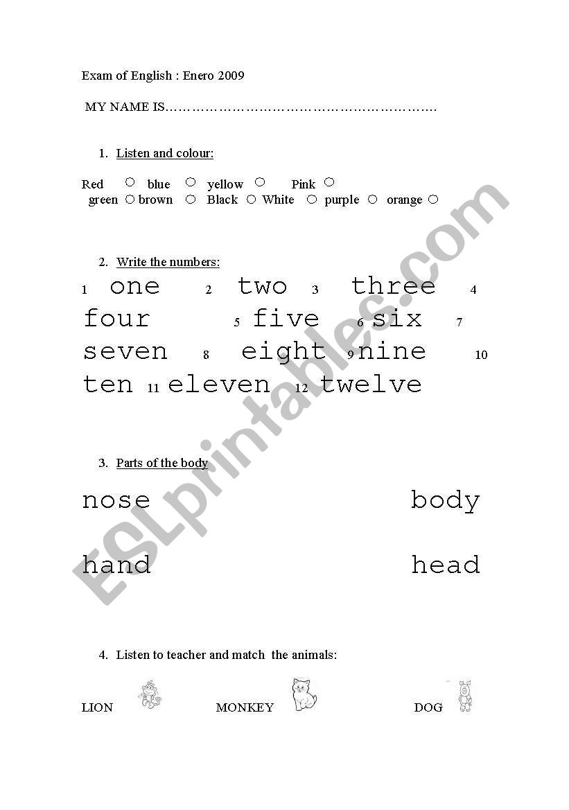 exam of english worksheet